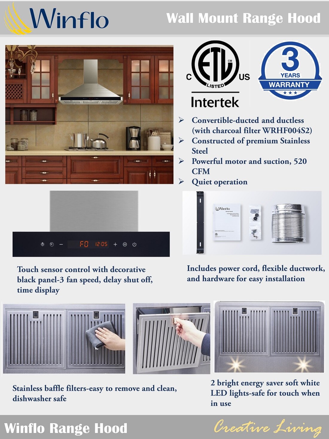 Winflo 36 in. Convertible 520 CFM Wall Mount Range Hood in Stainless